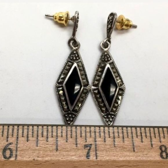 Sterling Silver Marcasite Onyx Drop VTG Earrings - Picture 6 of 14